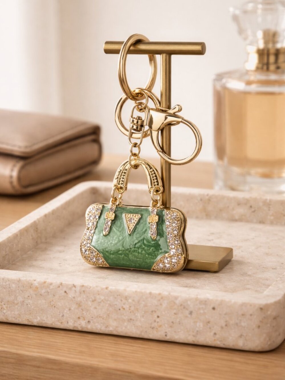 Mini Green Enamel with‎ Rhinestones Handbag Key Chain or Purse Ornament -…